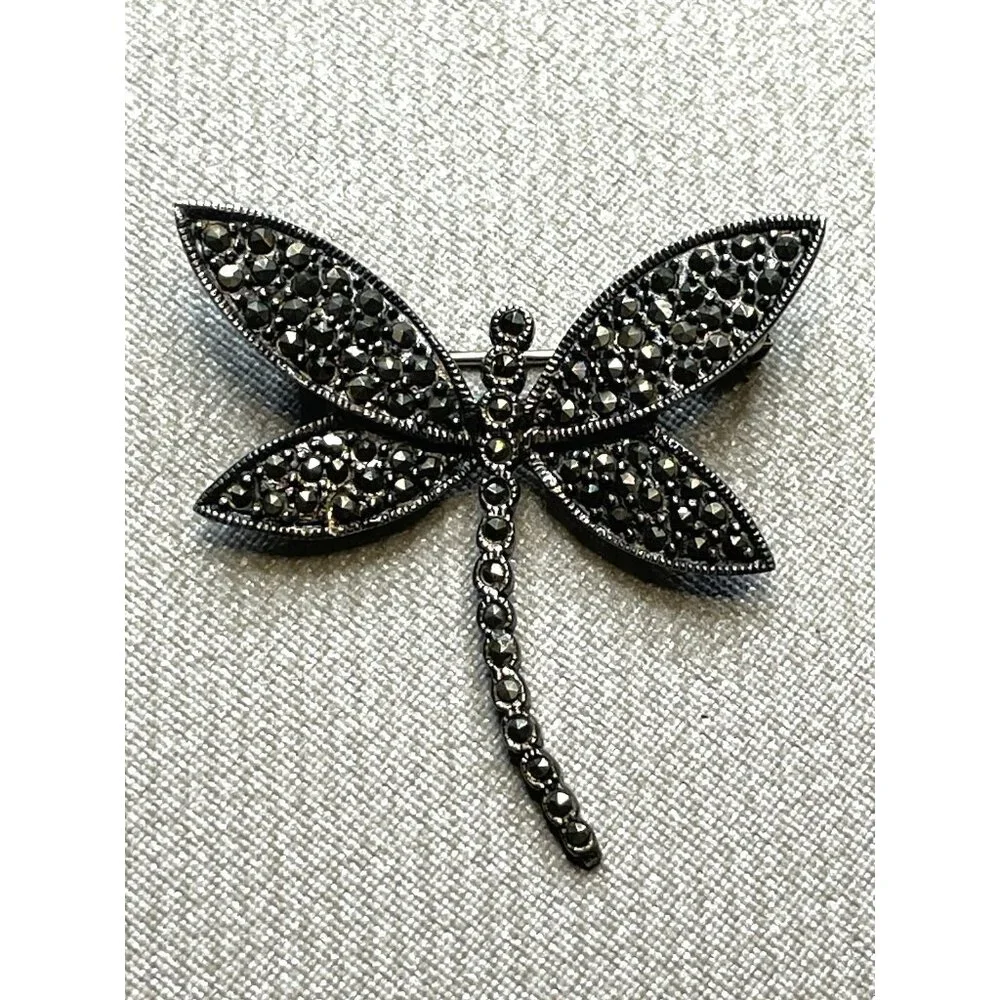 Vintage Dragonfly Brooch Pin 925 Marcasite Signed CFJ